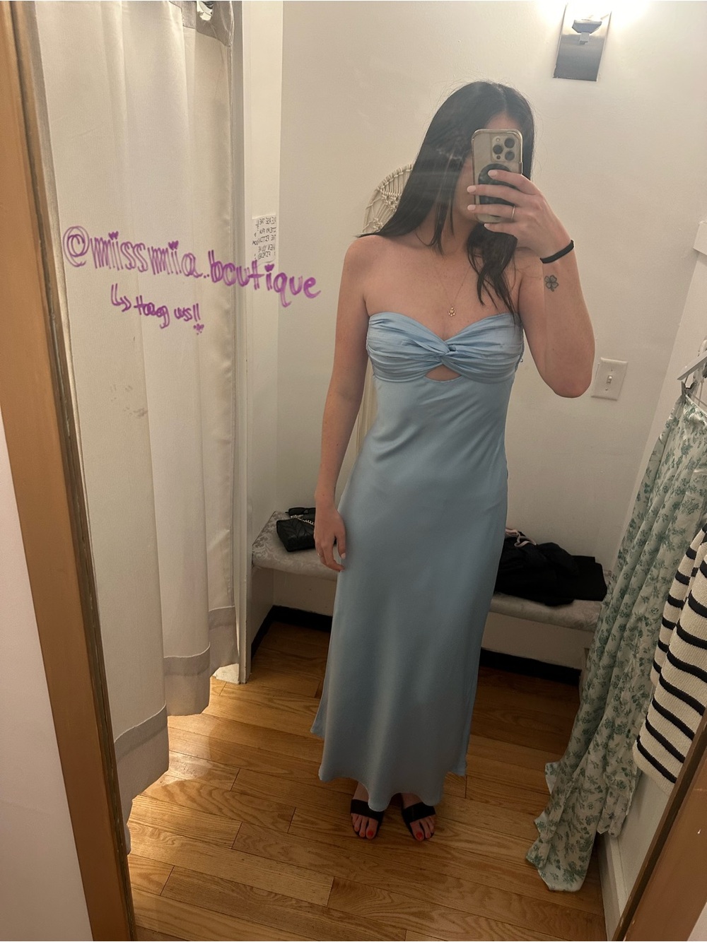 Light Blue Satin Maxi Slip Strapless Dress